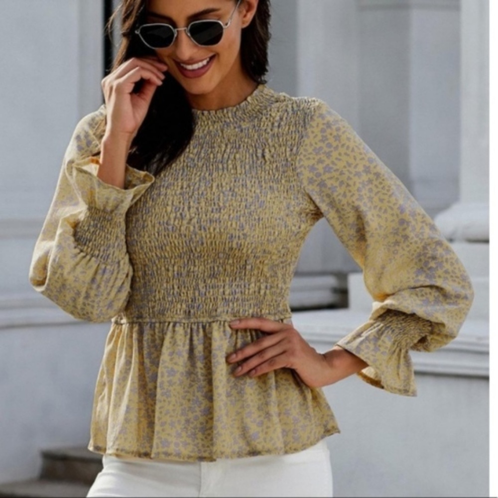 Yellow High Neck Boho Floral Blouse